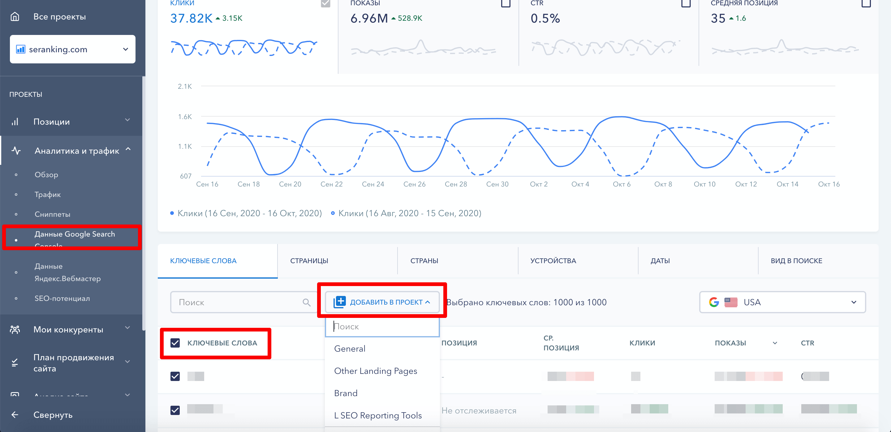 Добавиить в SE Ranking ключи из GSC