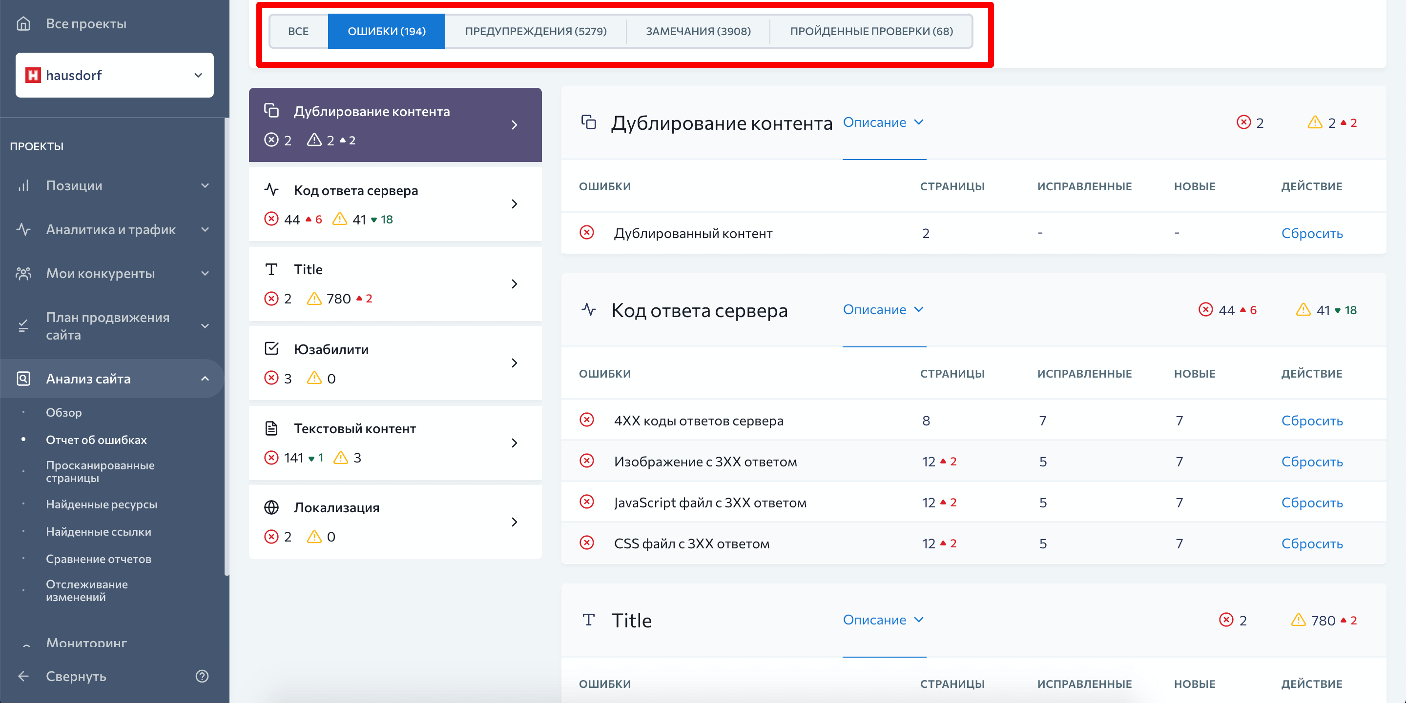 Распределение проблем по критичности Критичность ошибок в Анализе сайта SE Ranking
