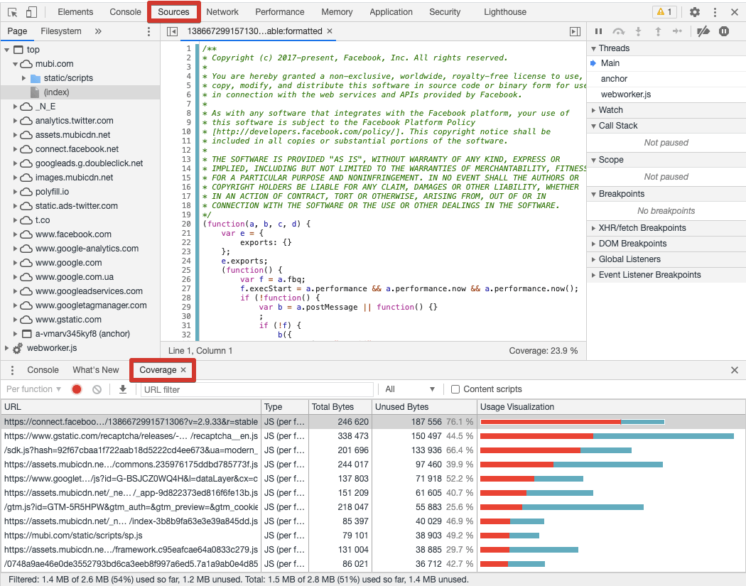 Статистика по файлам JS и CSS Статистика по файлам JS и CSS в Chrome Developer Tools