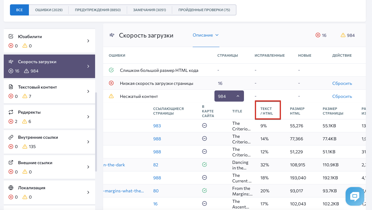 Проверка соотношения текста к HTML Проверка соотношения текста к HTML в SE Ranking