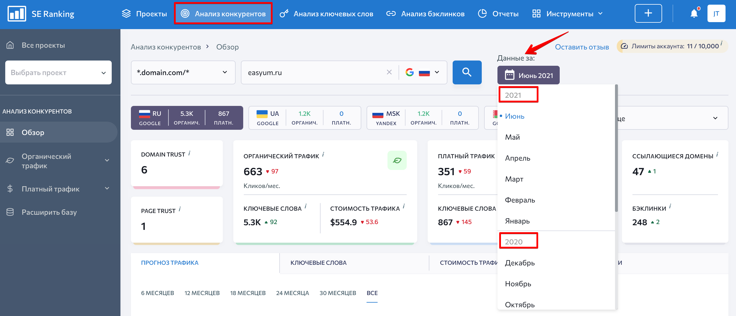как узнать исторические данные по доменам и ключам в se ranking исторические данные для анализа конкурентов и ключевых слов