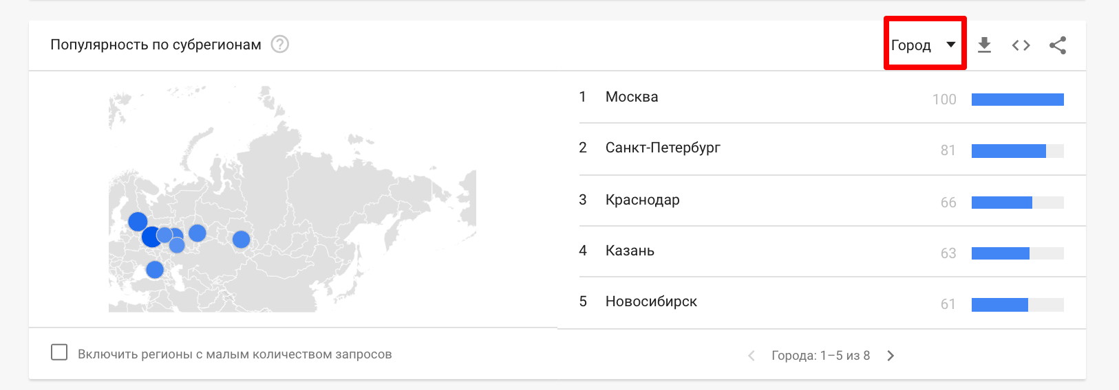 Популярность запроса по городам Популярность запроса по городам в Google Trends